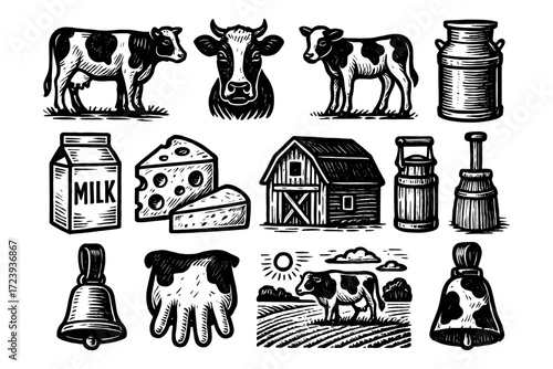 Vintage farm set: dairy cows, cheese, barn, milk carton, and rustic tools
