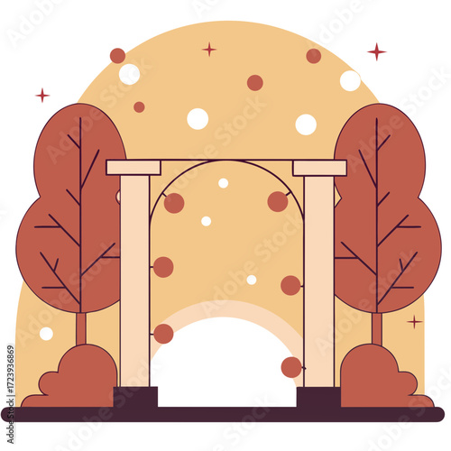 An artistic illustration of a grand archway with two stylized trees on either side, set against a warm, dotted background, evoking a sense of celebration or entrance