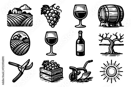Rustic vineyard symbols: wine, grapes, and countryside icons in woodcut style