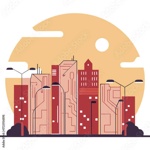 Modern cityscape illustration with stylized buildings, streetlights, and a large circular sun or moon in the background, representing urban life and architecture