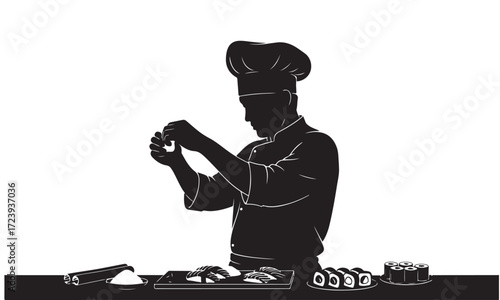 Chef Preparing Food Ingredients in Kitchen Silhouette
