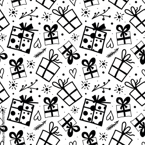 Pattern with Christmas. Christmas drawing, fir branches, plants, Christmas trees. Illustration for the holiday.