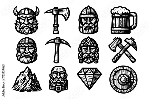 Vintage viking icons: warriors, axes, and norse symbols in black and white