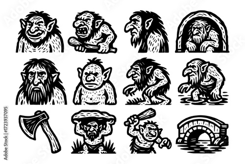 Hand-drawn fantasy trolls collection with rustic elements