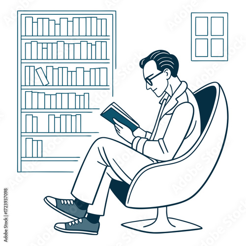 A man wearing glasses sits comfortably in a modern chair reading a book next to a bookshelf