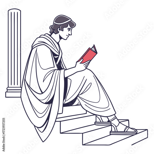 Ancient greek man in toga reading a book while sitting on steps next to a column
