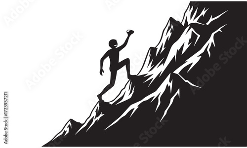 Determined Climber Silhouette Ascending Steep Rocky Mountain