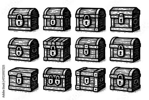 Assorted vintage treasure chests in detailed hand-drawn style