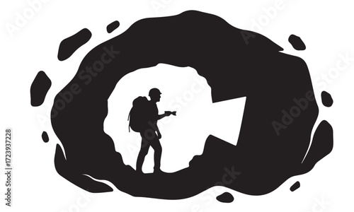 Adventurer Shining Flashlight into Mysterious Cave Entrance