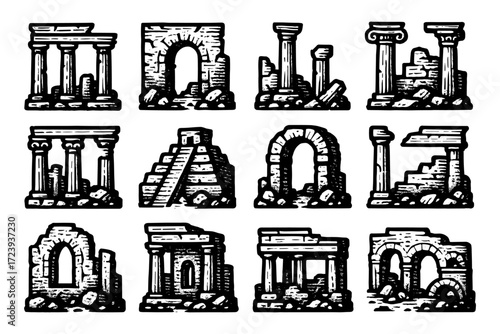 Black and white ancient ruins: detailed vintage architectural designs