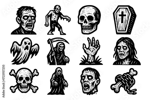 Halloween horror icons set: skulls, zombies, ghosts, and grim reaper in black and white