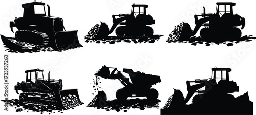 Bulldozer and loader construction machinery silhouettes pushing soil earthmoving equipment heavy industrial machines working site vector illustration design