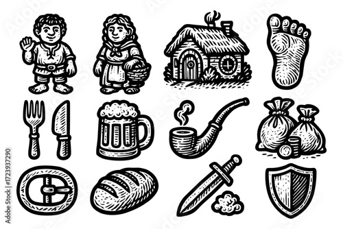 Whimsical black and white medieval icons featuring fantasy characters and items