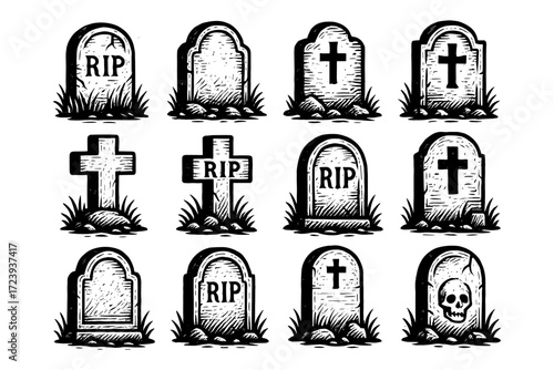 Graveyard tombstones: vintage monochrome designs with crosses and rip symbols