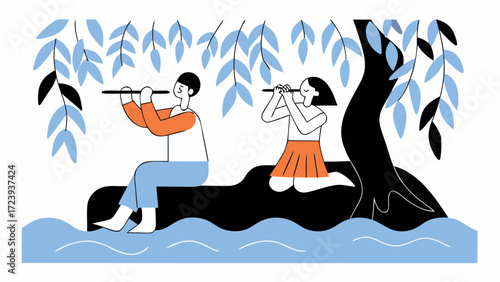 Two children sitting by the water under a tree, playing flutes