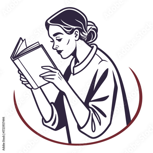 Elegant line art illustration of a woman engrossed in reading a book with her hair in a bun
