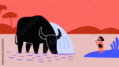 A child drinks water from a stream while a large black buffalo stands in the water nearby, with a stylized landscape in the background