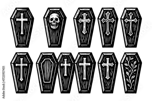 Gothic coffin collection with cross and skull designs in vintage style