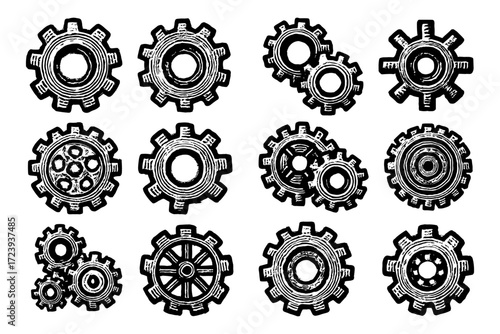 Hand drawn gear set: vintage mechanical cogs and wheels collection