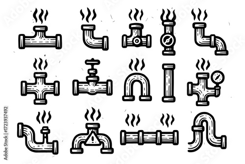 Hand drawn boiling pipes and valves illustrations with steam symbols