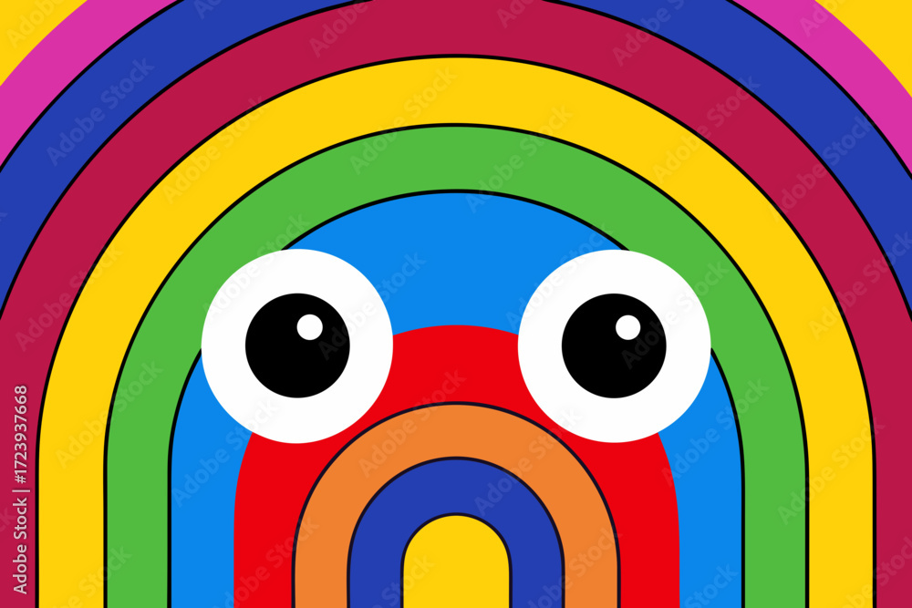 Fototapeta premium A whimsical and colorful abstract illustration featuring a cartoonish face with large googly eyes set against a vibrant, concentric rainbow arch pattern