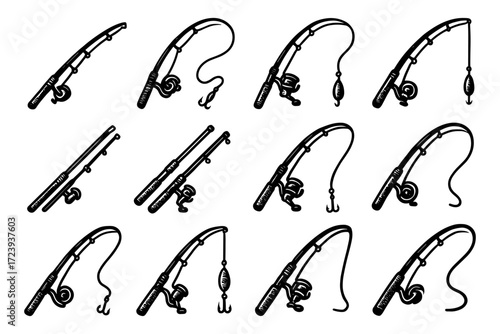 Collection of fishing rods with hook and reel on white background