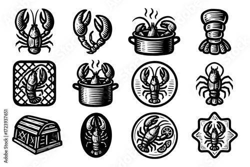 Retro seafood icons featuring lobster and cooking elements with nautical themes