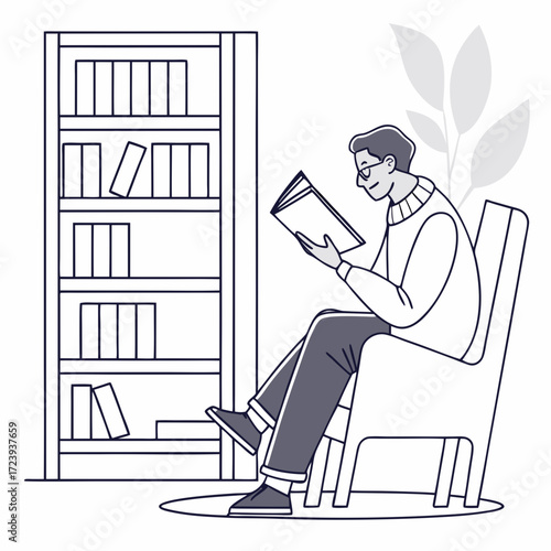 Man wearing glasses sitting in a chair reading a book next to a bookshelf with plants in the background
