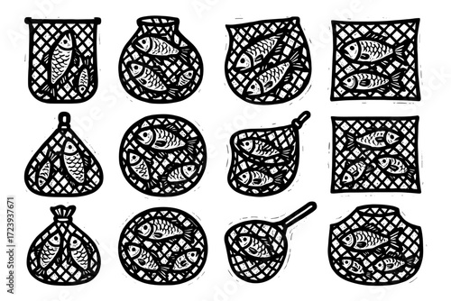 Hand-drawn fish nets and baskets collection in black and white