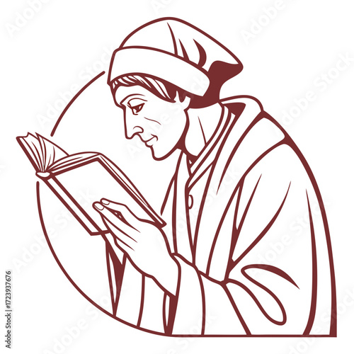 Medieval scholar wearing a cap and robe engrossed in reading an open book
