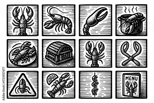 Vintage lobster and seafood icon set in woodcut style