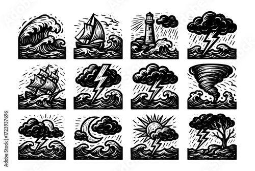 Dynamic nautical and weather-themed woodcut style collection: waves, storms, and sailboats