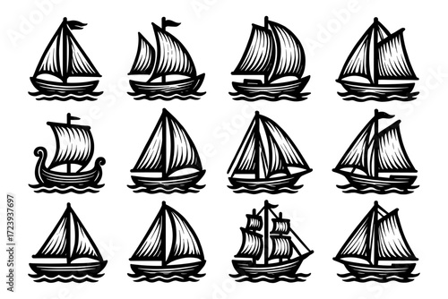 Vintage nautical sailboats collection in black and white silhouette style
