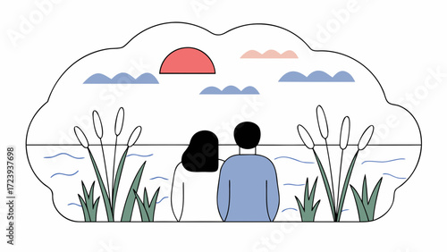 Couple watching sunset over the lake, surrounded by reeds and clouds, in a stylized illustration