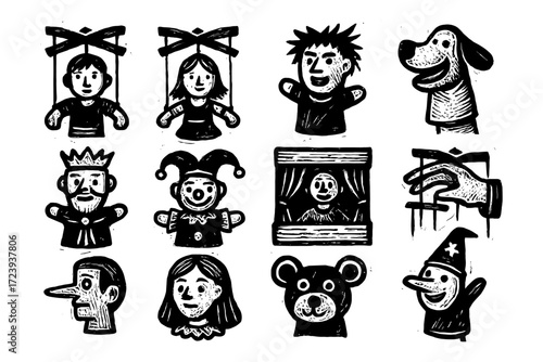 Vintage puppet collection in black and white: puppeteers and characters bring stories to life