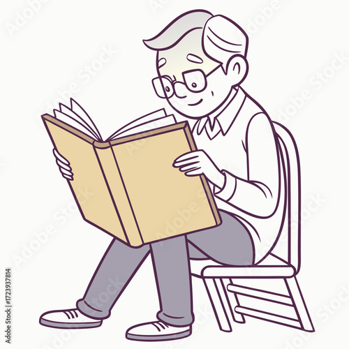 Smiling elderly man with glasses sitting on a chair and reading a book with a light brown cover