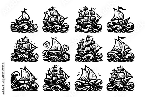 Classic sailing ships on ocean waves in retro ink style