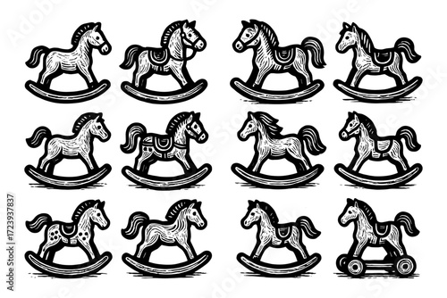 Vintage rocking horses in classic woodcut style on white background