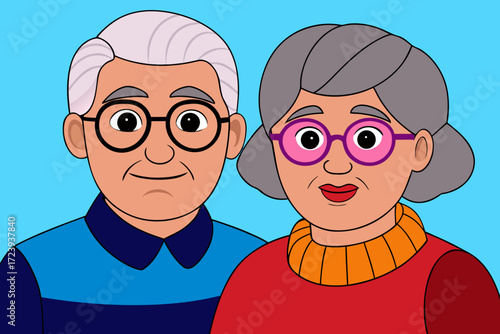 A cartoon illustration of an elderly couple, a man and a woman, both wearing glasses and smiling warmly against a bright blue background