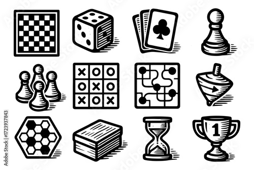 Classic board game icons: chess, dice, cards, tic tac toe, puzzle, and more