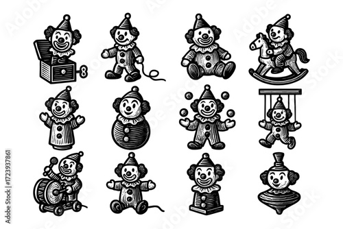 Vintage clown toys collection in black and white sketch style