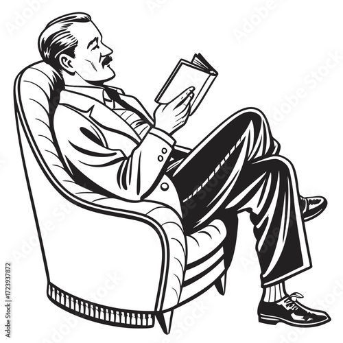 Sophisticated gentleman relaxing in a chair reading a book with a moustache and suit