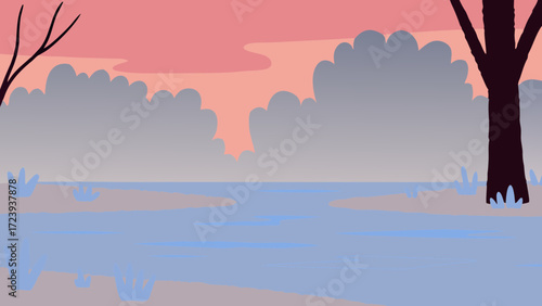 A serene landscape featuring a calm river flowing through a misty forest with soft pink and grey clouds in the sky