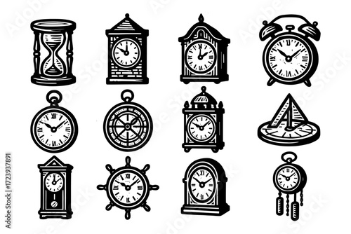 Vintage timepieces and clocks collection in retro black and white style