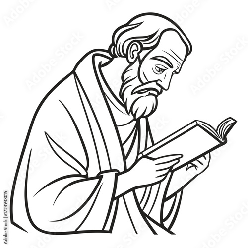 Stylized illustration of an elderly man with a beard wearing a toga reading a book