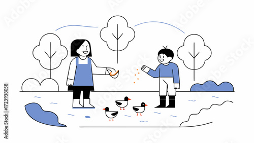 Two children feeding ducks in a park with trees and bushes, simple line art illustration