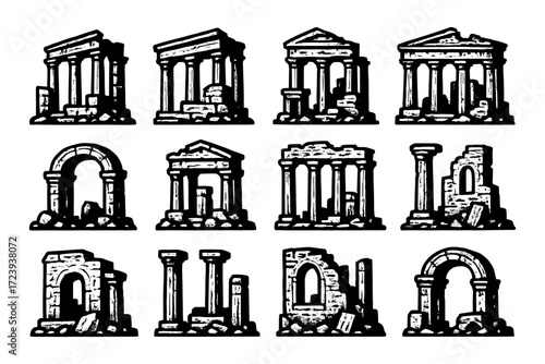 Ancient ruins collection featuring distressed stone structures and columns in vintage style