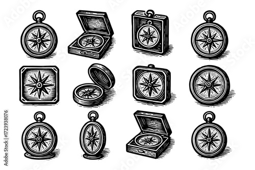 Vintage compass icons: classic black and white nautical navigation designs