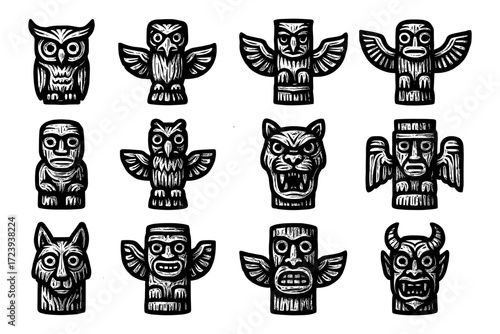 Hand-drawn totem icons with animal and mythical figures