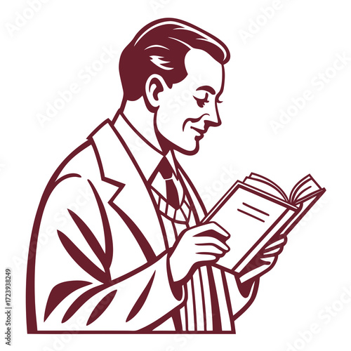 Vintage style illustration of a smiling man in a suit reading a book with a confident expression